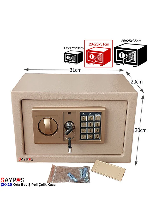 Şık Tasarımlı 2ocm'lik Şifreli Çelik Kasa, Elektronik Tuşlu Değerli Eşya ve Para Kasası 31x20x20cm